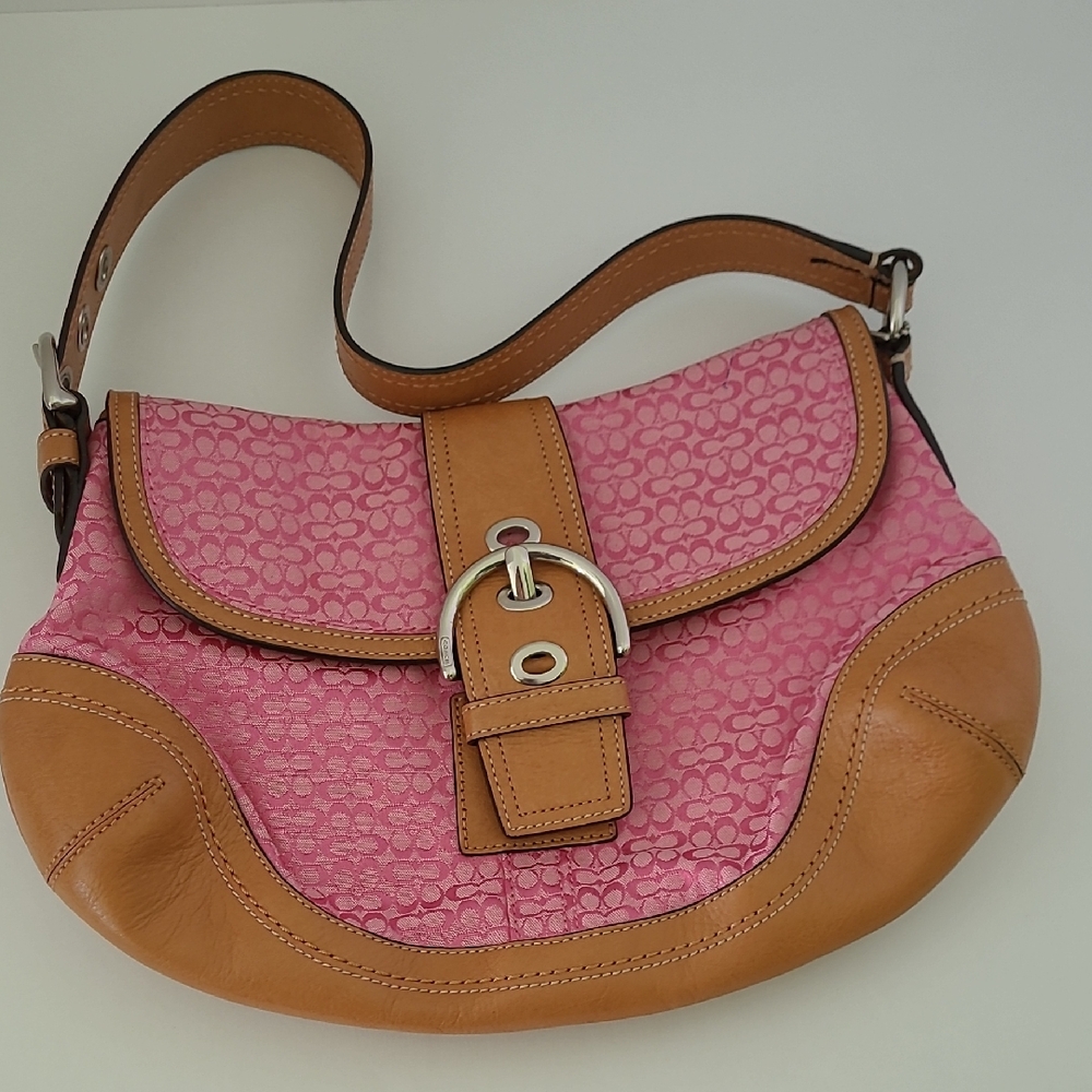COPY - Coach Pink and Tan Shoulder Bag with Flap Closure